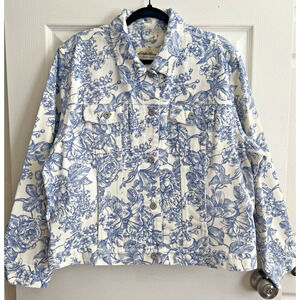 EDDIE BAUER Vintage Blue Floral Cottage White Denim Jean Jacket